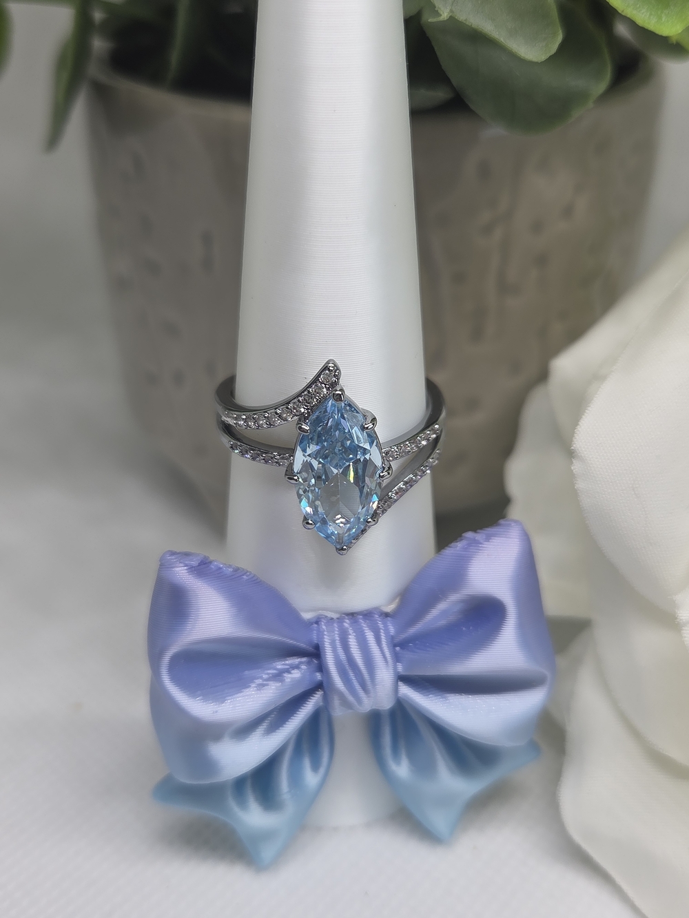 BP Aqua Marine CZ Marquise Halo Ring On Hematite Plating